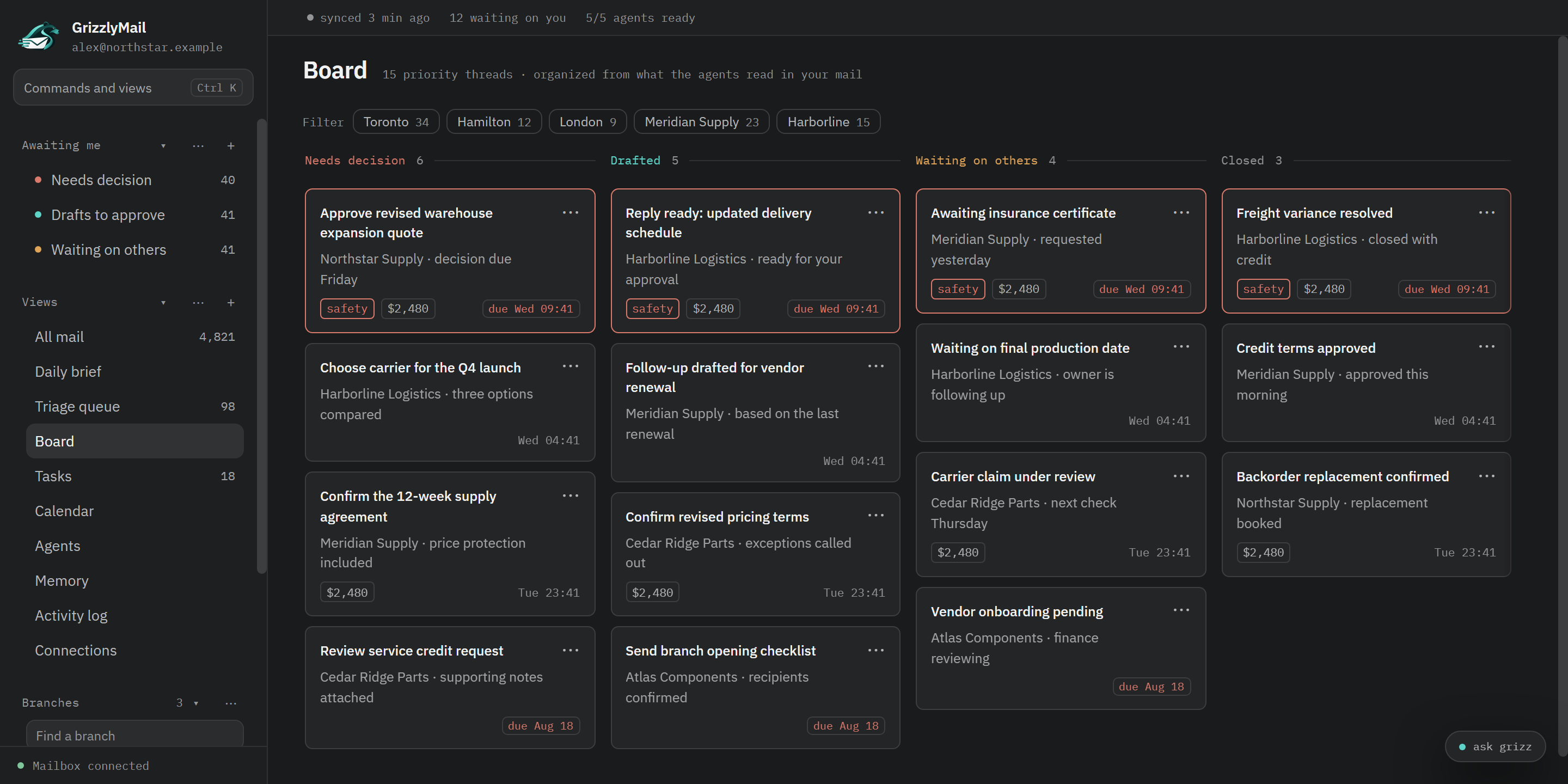 GrizzlyMail desktop app showing decisions, drafted replies, and follow-ups organized on a board